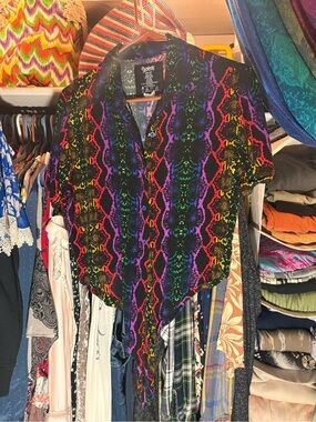 Spencer's 100% Rayon Vintage Neon Snake-Print Button Down Tie-Front Shirt